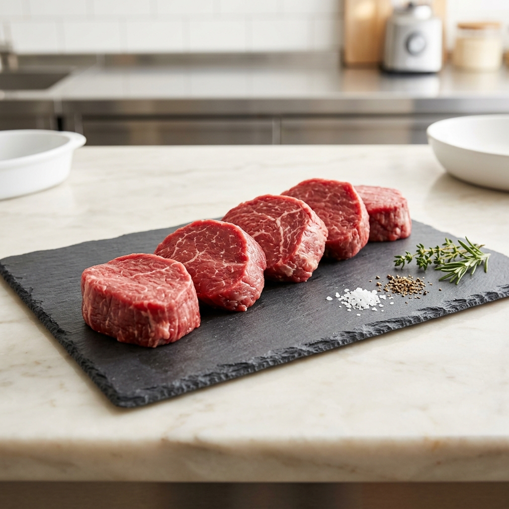 Portioned beef steaks on slate board