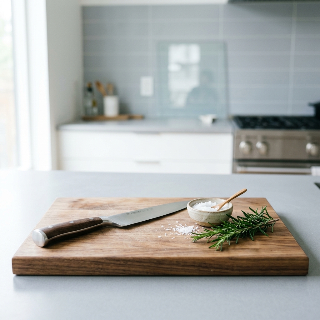 Culinary knife set on cutting board