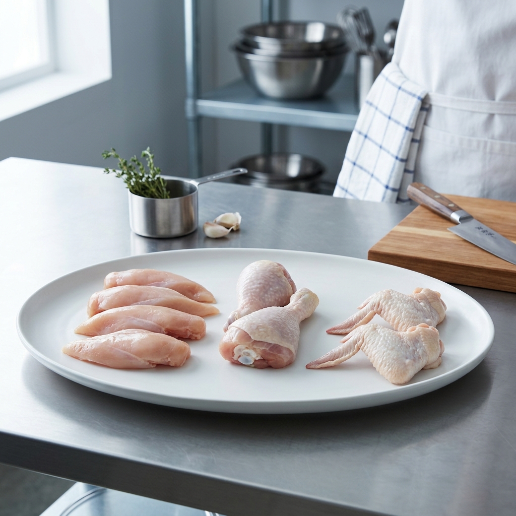 Portioned clean poultry parts on plate